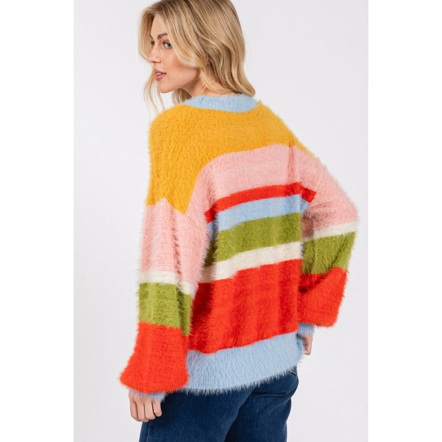 SAGE + FIG Color Block Round Neck Dropped Shoulder Sweater Apparel and Accessories