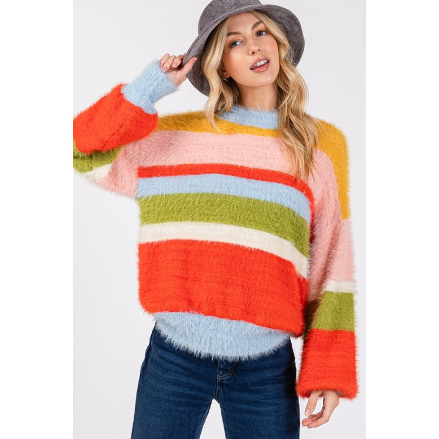 SAGE + FIG Color Block Round Neck Dropped Shoulder Sweater Apparel and Accessories