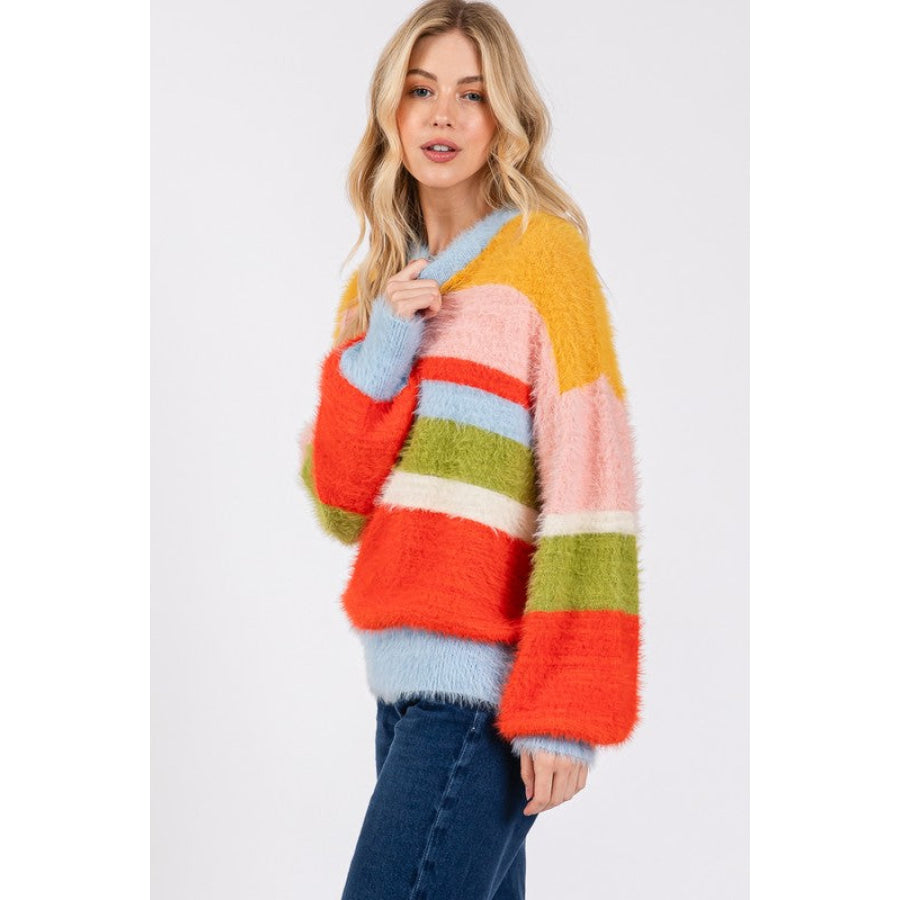 SAGE + FIG Color Block Round Neck Dropped Shoulder Sweater Apparel and Accessories