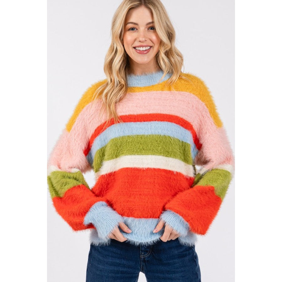 SAGE + FIG Color Block Round Neck Dropped Shoulder Sweater Apparel and Accessories