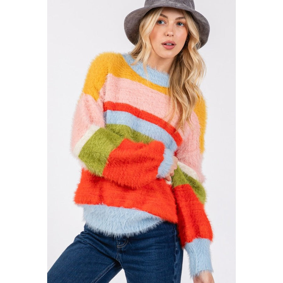 SAGE + FIG Color Block Round Neck Dropped Shoulder Sweater Apparel and Accessories