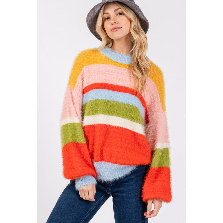 SAGE + FIG Color Block Round Neck Dropped Shoulder Sweater Multicolor / S Apparel and Accessories
