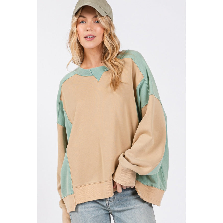 SAGE + FIG Color Block Round Neck Sweatshirt Apparel and Accessories