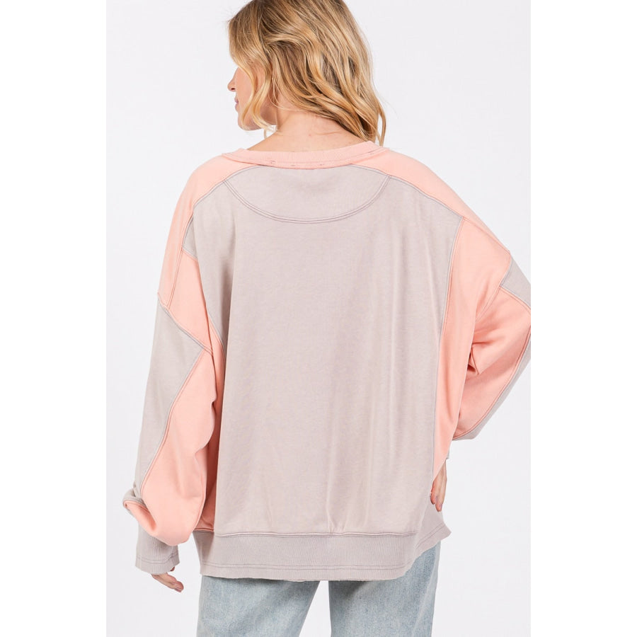 SAGE + FIG Color Block Round Neck Sweatshirt Gray/Peach / S Apparel and Accessories