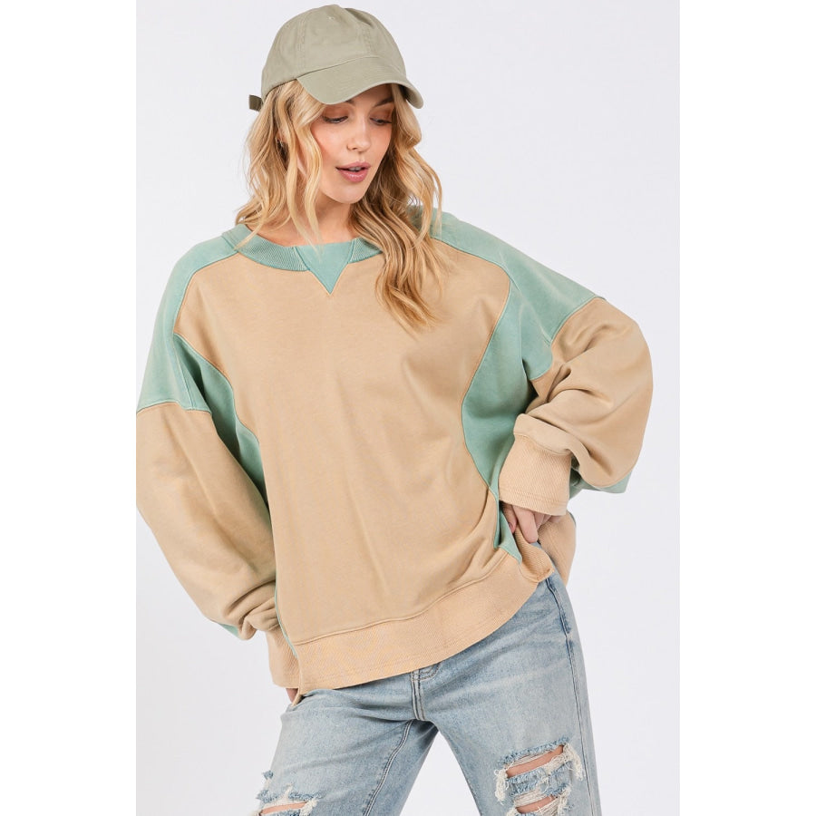 SAGE + FIG Color Block Round Neck Sweatshirt Apparel and Accessories
