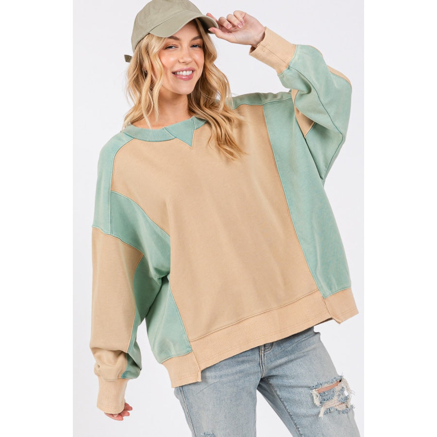 SAGE + FIG Color Block Round Neck Sweatshirt Cookie/Green / S Apparel and Accessories