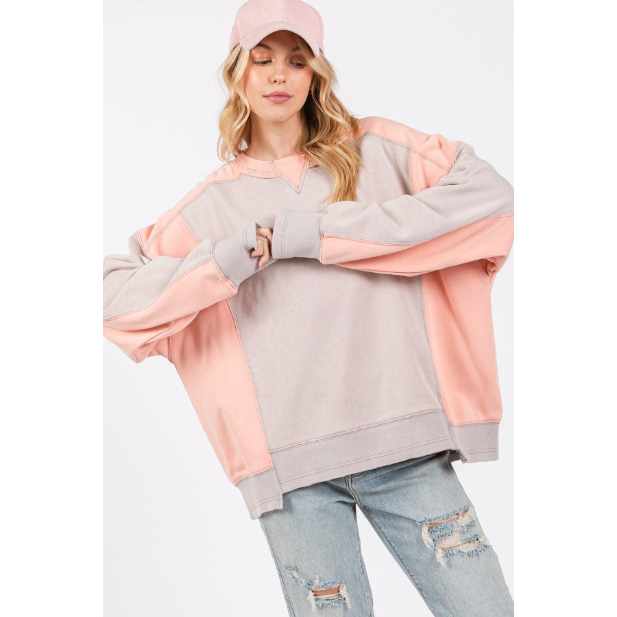 SAGE + FIG Color Block Round Neck Sweatshirt Gray/Peach / S Apparel and Accessories