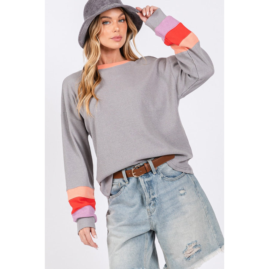 SAGE + FIG Color Block Waffle Knit T-Shirt Grey / S Apparel and Accessories