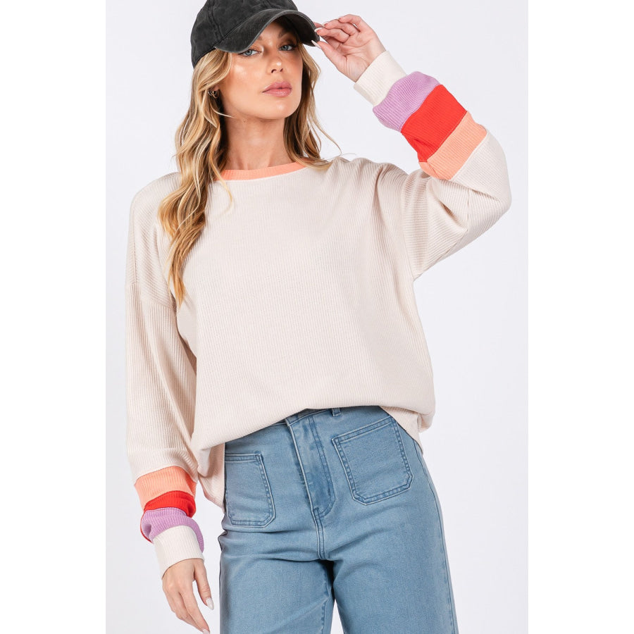 SAGE + FIG Color Block Waffle Knit T-Shirt Sand / S Apparel and Accessories