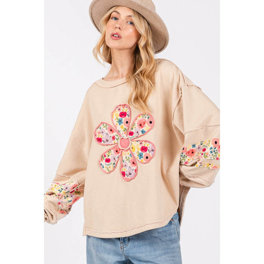 SAGE + FIG Daisy Patch Applique Long Sleeve Sweatshirt Oatmeal / S Apparel and Accessories