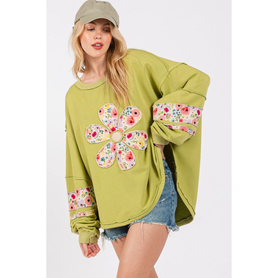 SAGE + FIG Daisy Patch Applique Long Sleeve Sweatshirt Apparel and Accessories