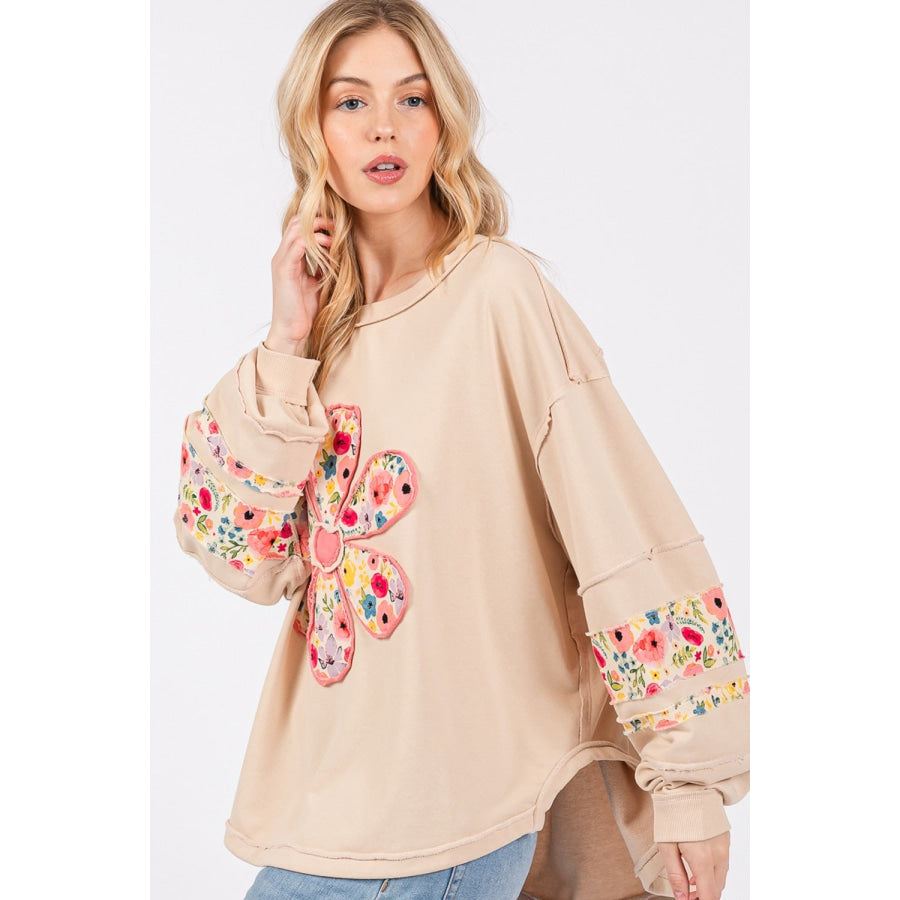 SAGE + FIG Daisy Patch Applique Long Sleeve Sweatshirt Apparel and Accessories