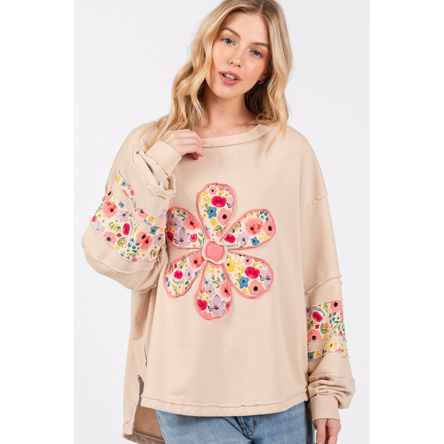 SAGE + FIG Daisy Patch Applique Long Sleeve Sweatshirt Apparel and Accessories