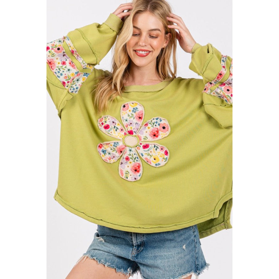 SAGE + FIG Daisy Patch Applique Long Sleeve Sweatshirt Yellow-Green / S Apparel and Accessories