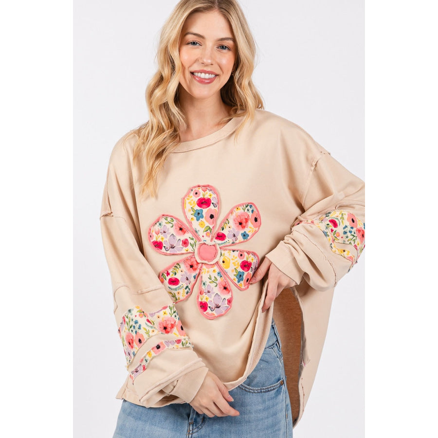 SAGE + FIG Daisy Patch Applique Long Sleeve Sweatshirt Apparel and Accessories