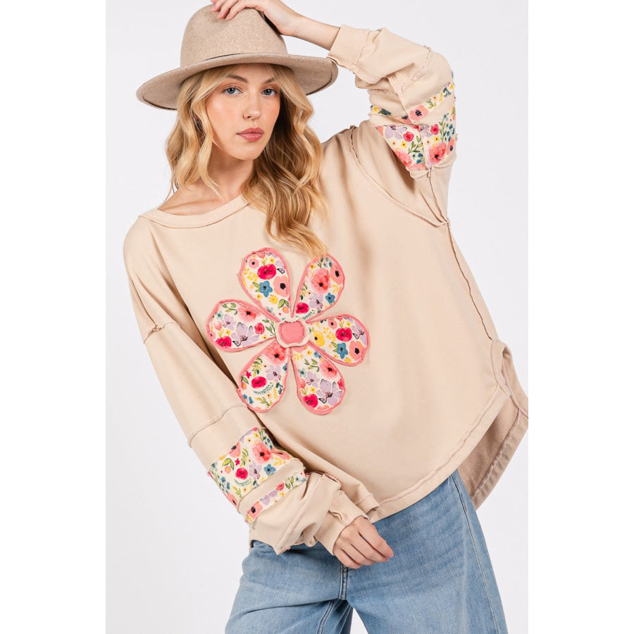 SAGE + FIG Daisy Patch Applique Long Sleeve Sweatshirt Oatmeal / S Apparel and Accessories