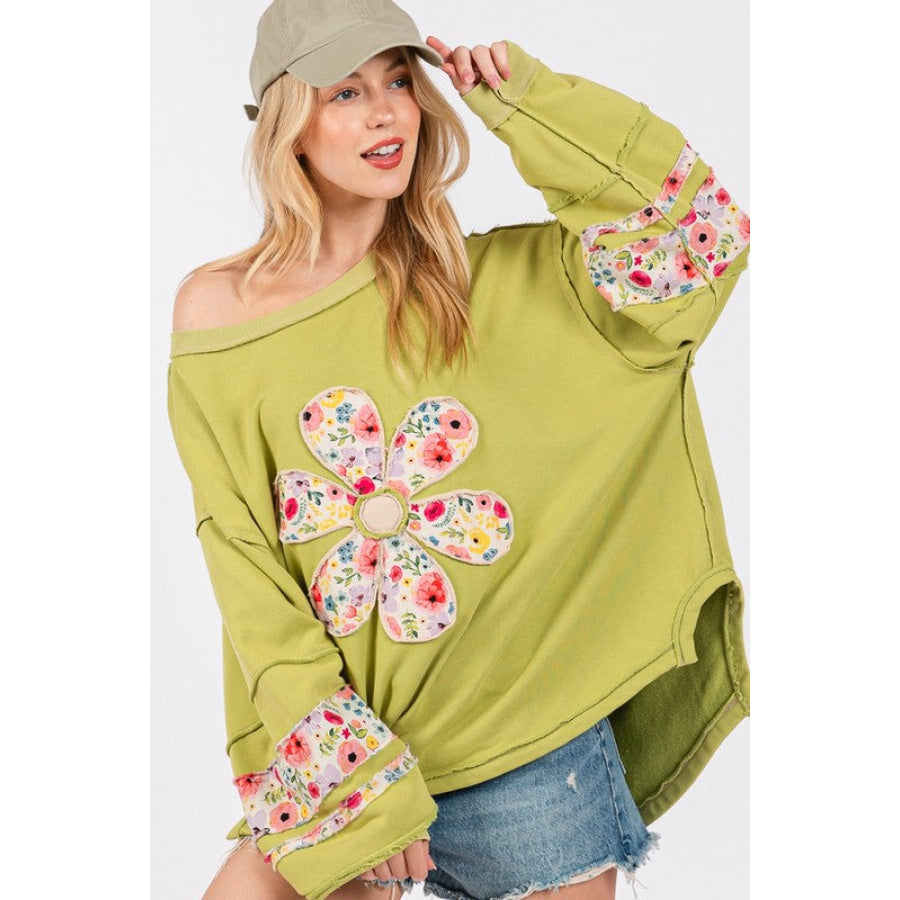 SAGE + FIG Daisy Patch Applique Long Sleeve Sweatshirt Yellow-Green / S Apparel and Accessories