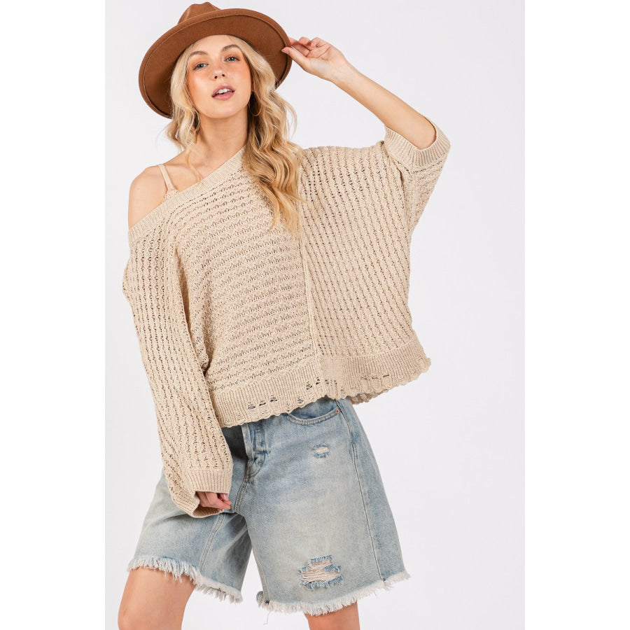 SAGE + FIG Distressed Asymmetrical Open Stitch Sweater Apparel and Accessories