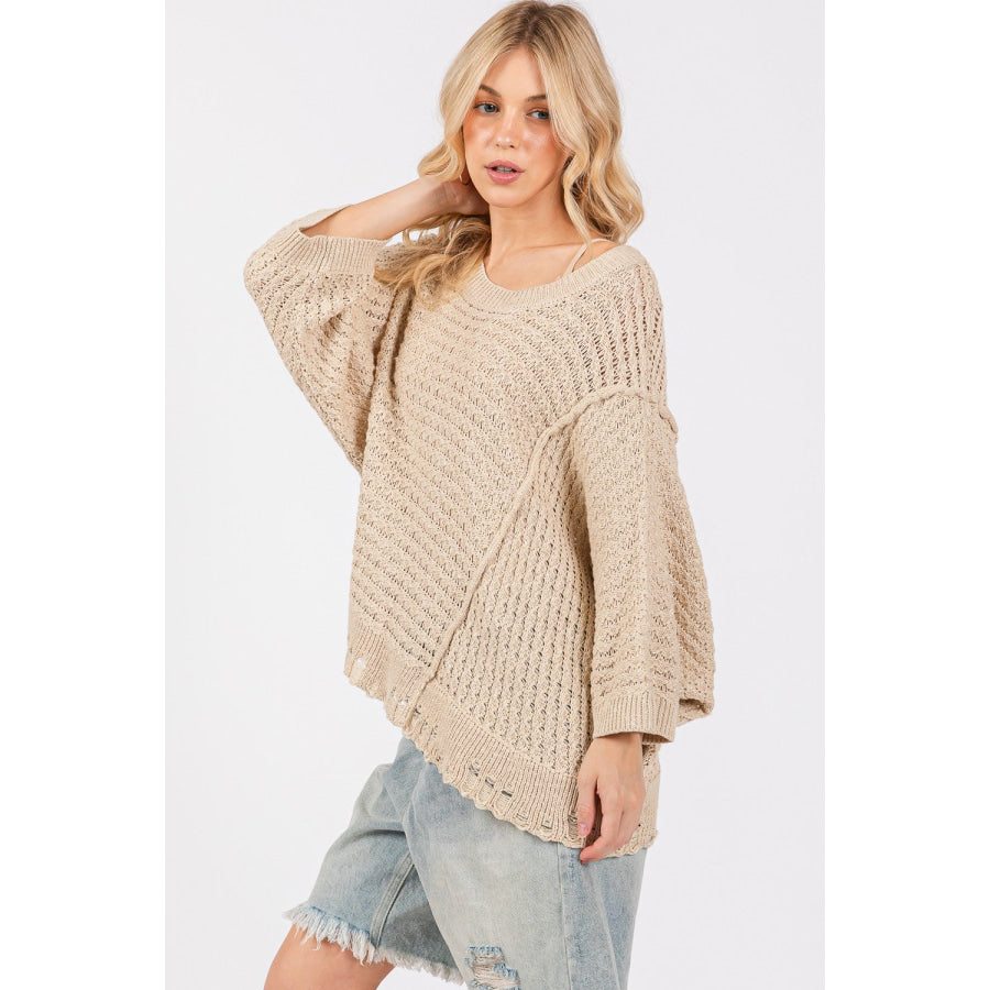 SAGE + FIG Distressed Asymmetrical Open Stitch Sweater Apparel and Accessories