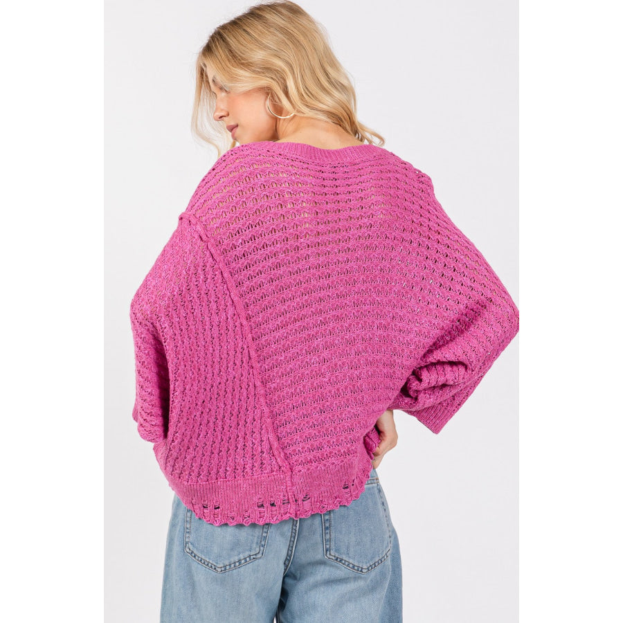 SAGE + FIG Distressed Asymmetrical Open Stitch Sweater Magenta / S Apparel and Accessories