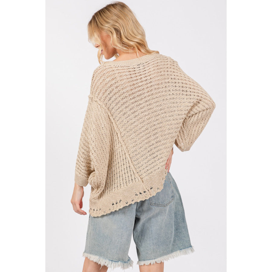 SAGE + FIG Distressed Asymmetrical Open Stitch Sweater Apparel and Accessories