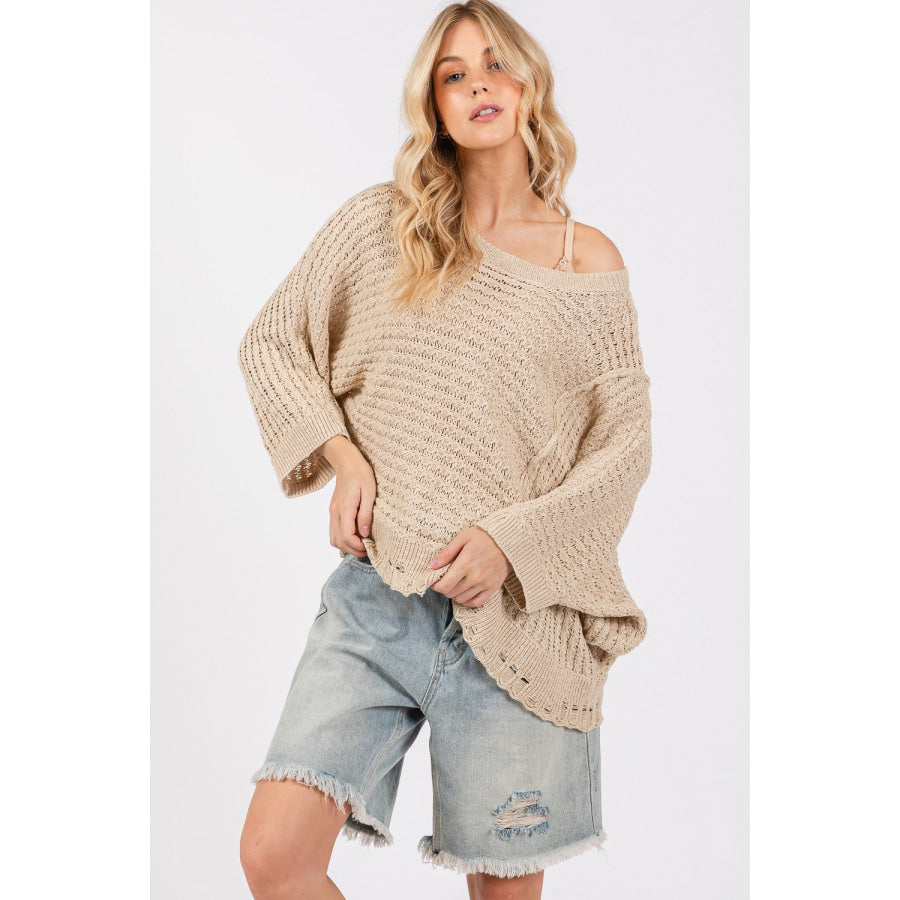 SAGE + FIG Distressed Asymmetrical Open Stitch Sweater Apparel and Accessories