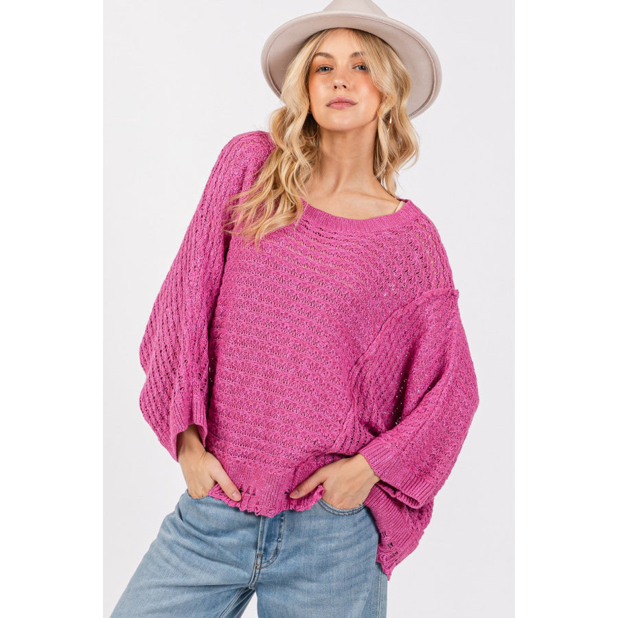 SAGE + FIG Distressed Asymmetrical Open Stitch Sweater Magenta / S Apparel and Accessories