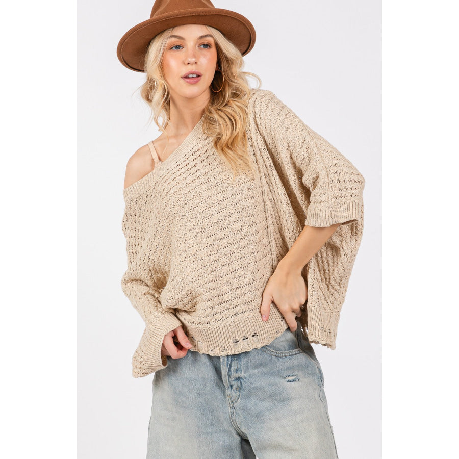 SAGE + FIG Distressed Asymmetrical Open Stitch Sweater Mushroom / S Apparel and Accessories