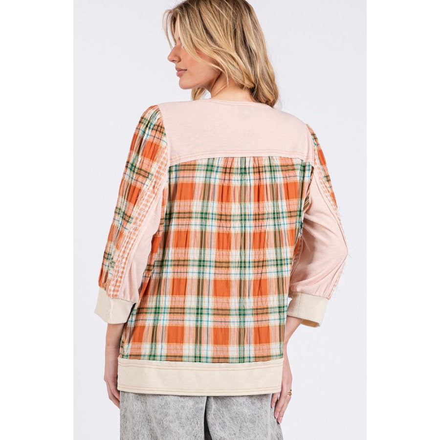 SAGE + FIG Exposed Seam Button Detail Plaid Top Apparel and Accessories