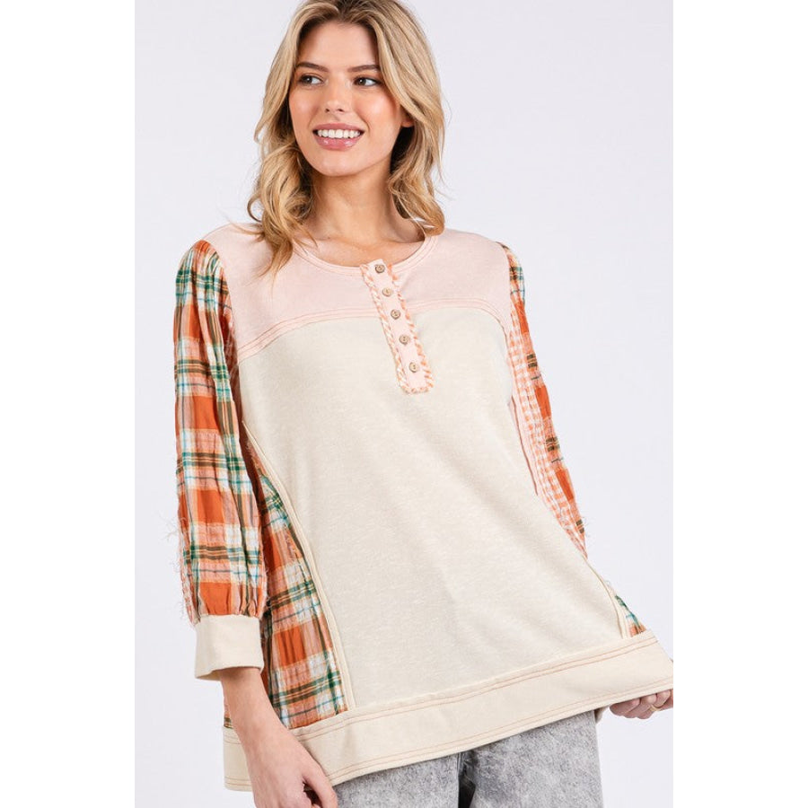 SAGE + FIG Exposed Seam Button Detail Plaid Top Apparel and Accessories