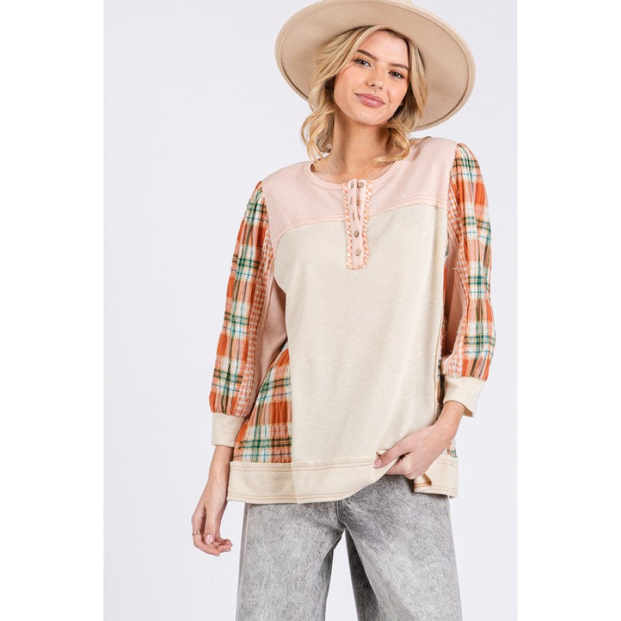 SAGE + FIG Exposed Seam Button Detail Plaid Top Apparel and Accessories