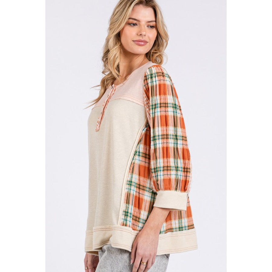 SAGE + FIG Exposed Seam Button Detail Plaid Top Apparel and Accessories