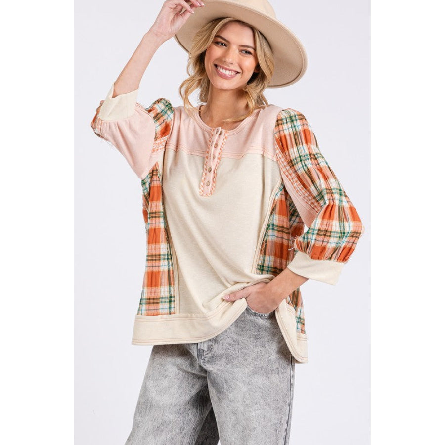 SAGE + FIG Exposed Seam Button Detail Plaid Top PINK / S Apparel and Accessories