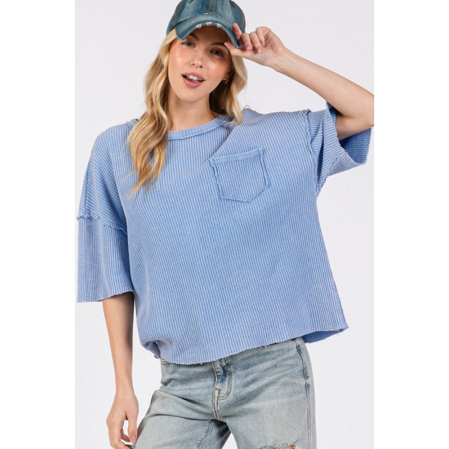 SAGE + FIG Exposed Seam Round Neck Half Sleeve T-Shirt Periwinkle / S Apparel and Accessories