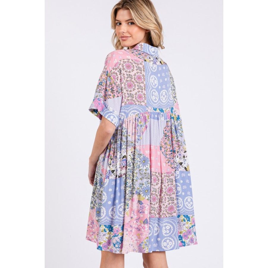 SAGE + FIG Floral Collared Neck Half Sleeve Mini Shirt Dress Apparel and Accessories