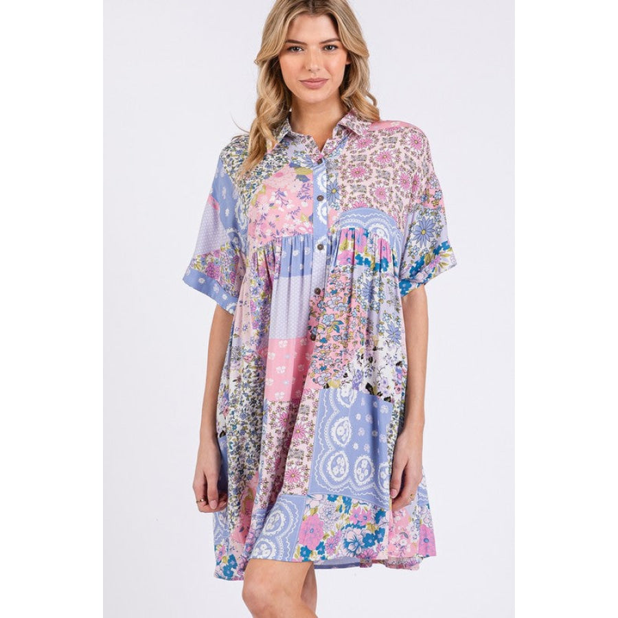 SAGE + FIG Floral Collared Neck Half Sleeve Mini Shirt Dress Apparel and Accessories