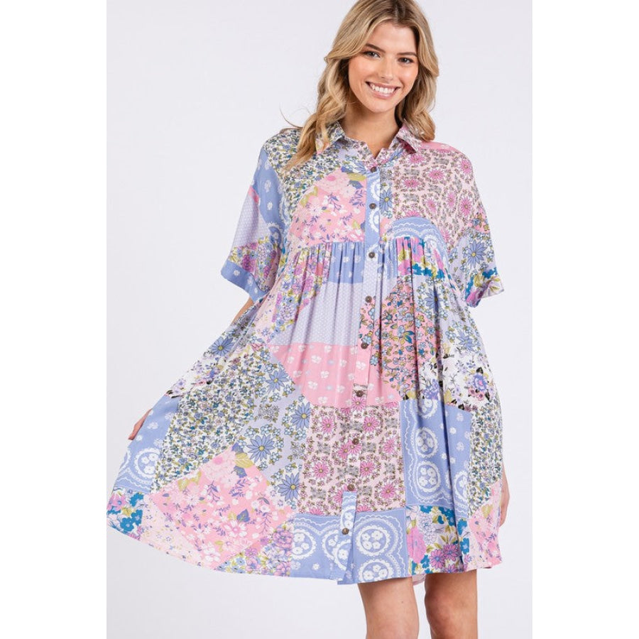 SAGE + FIG Floral Collared Neck Half Sleeve Mini Shirt Dress Apparel and Accessories