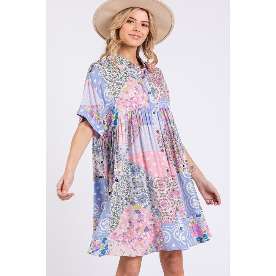 SAGE + FIG Floral Collared Neck Half Sleeve Mini Shirt Dress Apparel and Accessories