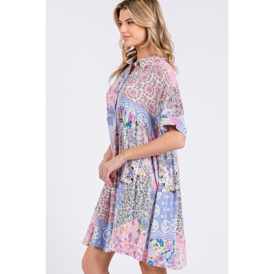 SAGE + FIG Floral Collared Neck Half Sleeve Mini Shirt Dress Apparel and Accessories