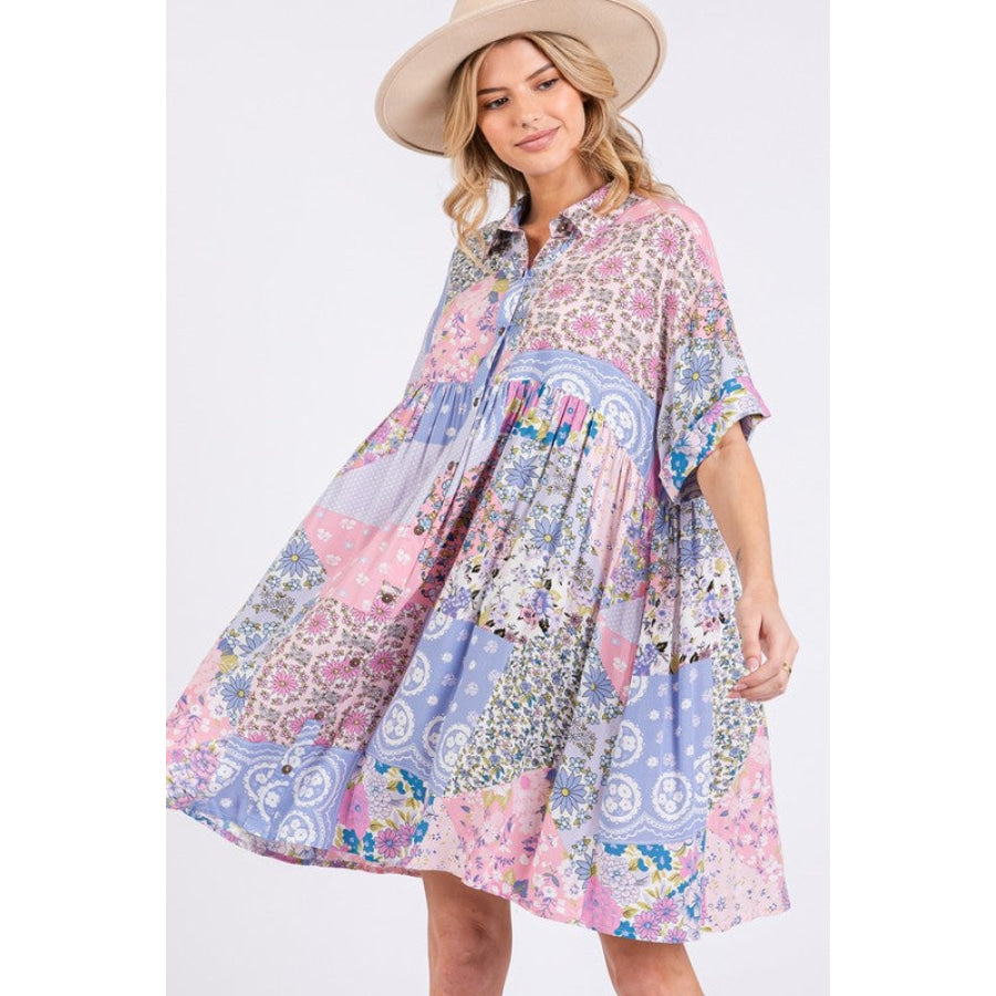 SAGE + FIG Floral Collared Neck Half Sleeve Mini Shirt Dress PINK MULTICOLOR / S Apparel and Accessories