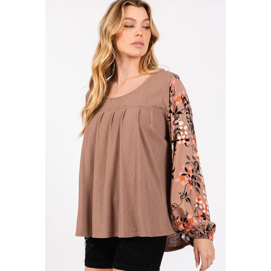 SAGE + FIG Floral Long Sleeve Front Pleated Detail Blouse Apparel and Accessories