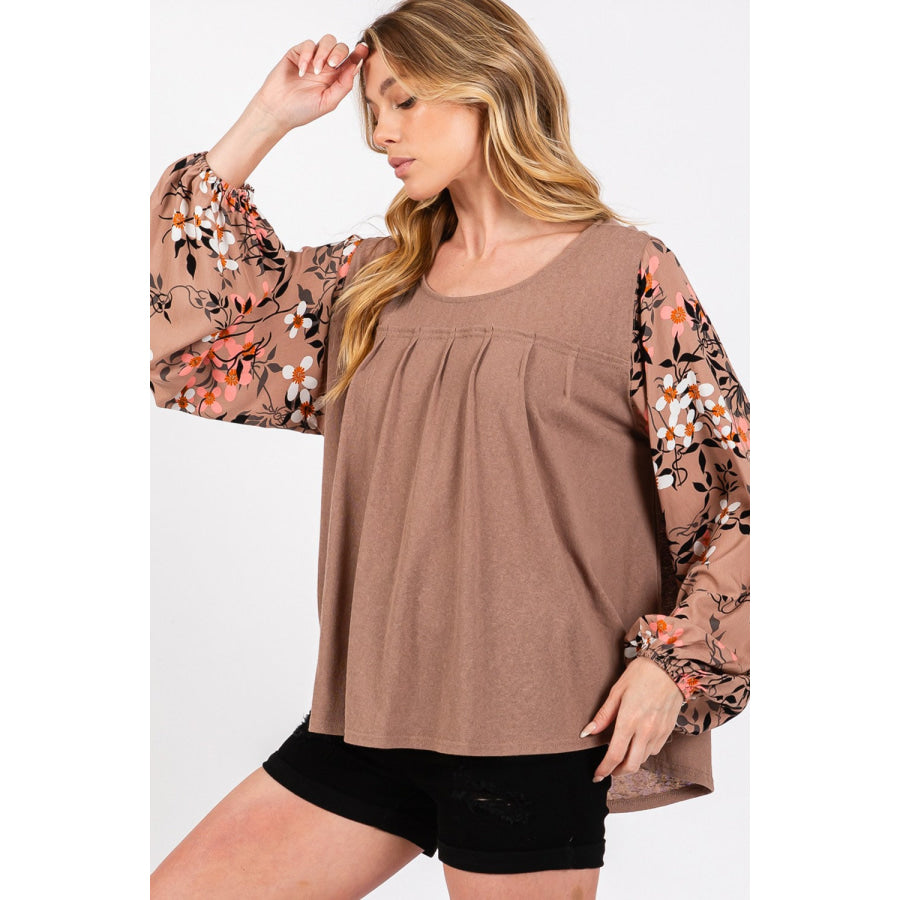 SAGE + FIG Floral Long Sleeve Front Pleated Detail Blouse Apparel and Accessories