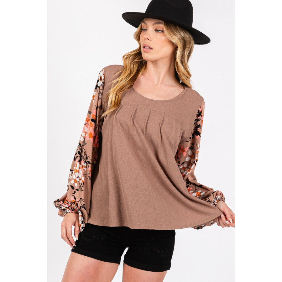 SAGE + FIG Floral Long Sleeve Front Pleated Detail Blouse Brown / S Apparel and Accessories