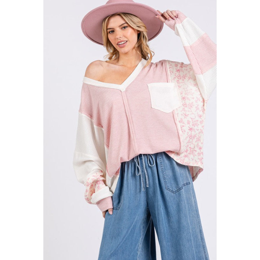 SAGE + FIG Floral Long Sleeve V-Neck Waffle Knit Top Blush Pink / S Apparel and Accessories