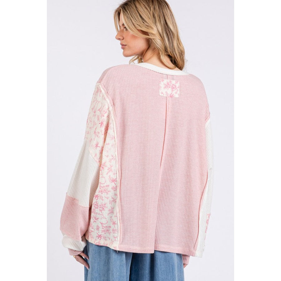 SAGE + FIG Floral Long Sleeve V-Neck Waffle Knit Top Apparel and Accessories