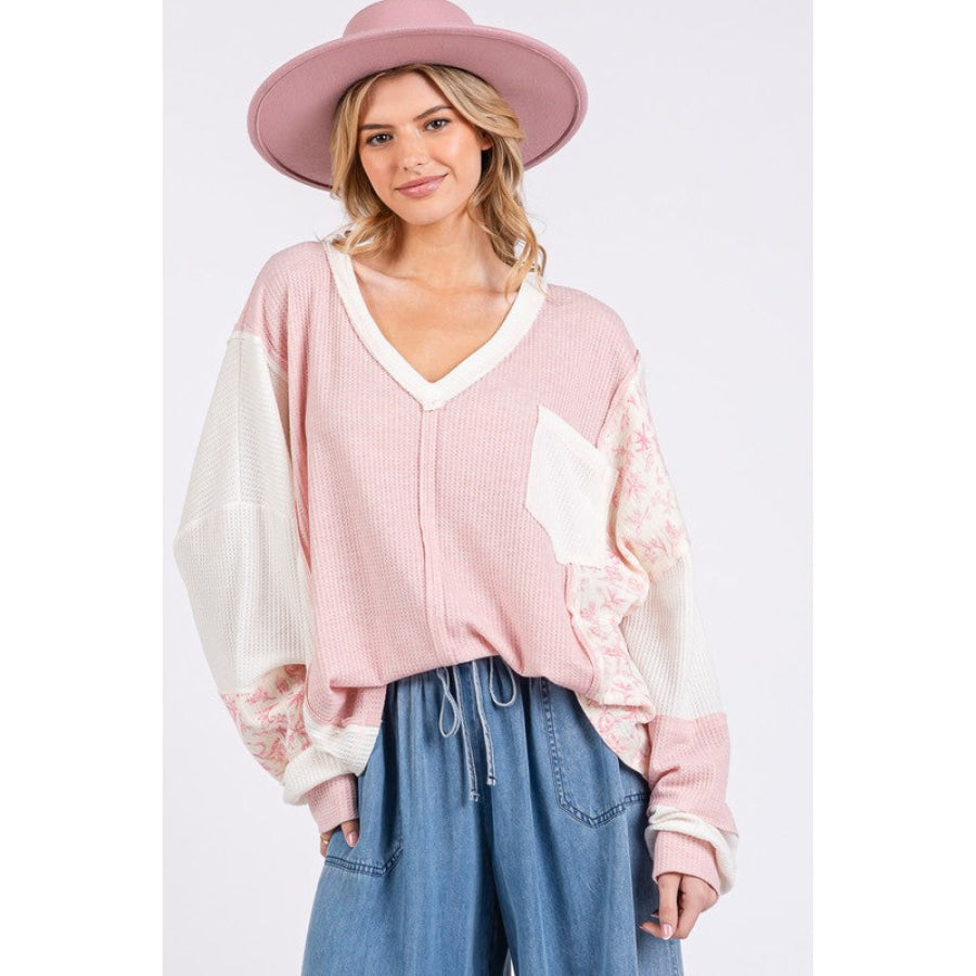 SAGE + FIG Floral Long Sleeve V-Neck Waffle Knit Top Blush Pink / S Apparel and Accessories