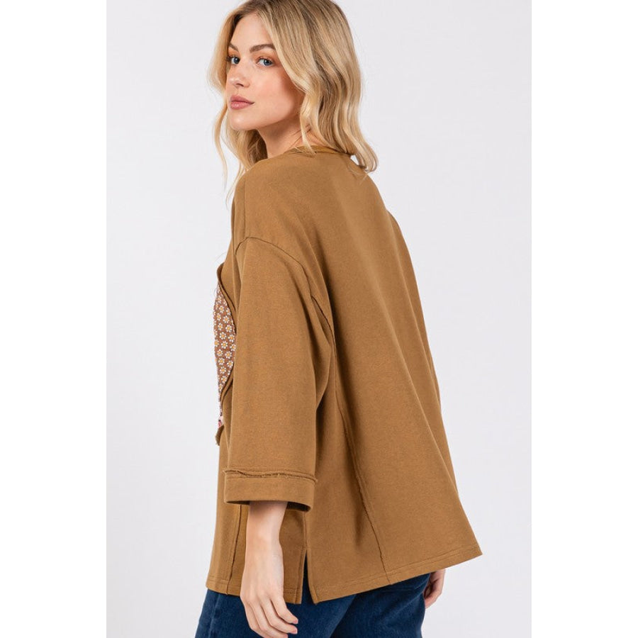 SAGE + FIG Floral Peace Patch Round Neck Top Caramel / S Apparel and Accessories