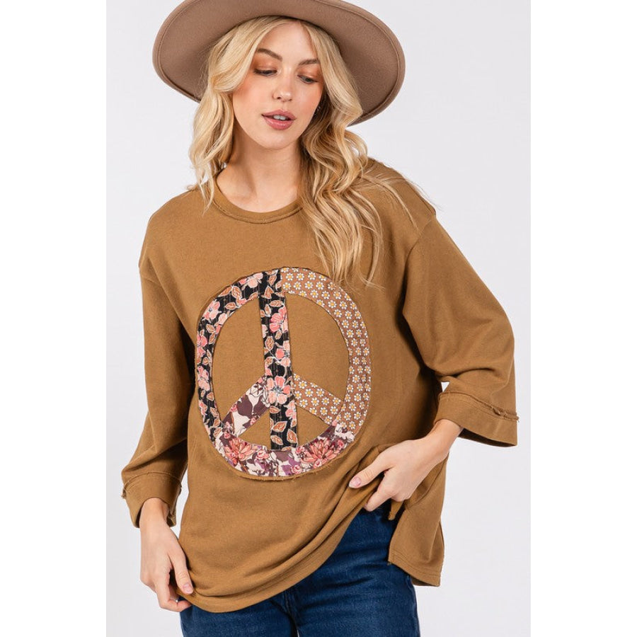 SAGE + FIG Floral Peace Patch Round Neck Top Caramel / S Apparel and Accessories