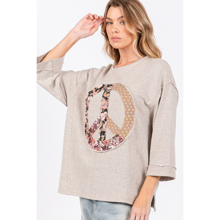 SAGE + FIG Floral Peace Patch Round Neck Top Oatmeal / S Apparel and Accessories