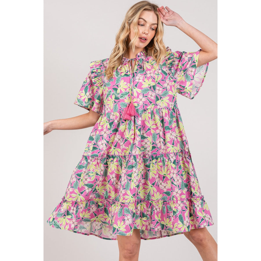 SAGE + FIG Floral Ruffle Short Sleeve Dress Pink / S Apparel and Accessories